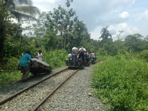 Moving the wooden platforms on and off the tracks so people could go in either direction 